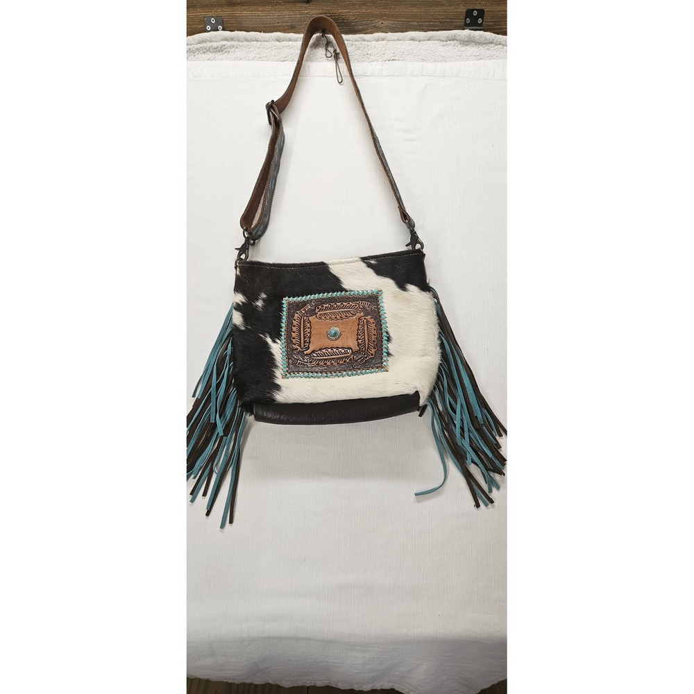 Myra Bag Cowhide Crossbody Fringe Western Hand Tooled LeatherTurquoisBlack White - Picture 1 of 7